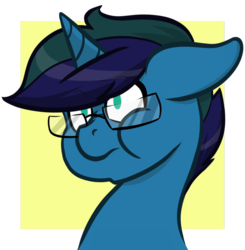 Size: 885x903 | Tagged: safe, artist:cadetredshirt, oc, oc only, oc:arioso, pony, unicorn, blue, blue coat, blue eyes, blue hair, bust, cel shading, digital, digital art, drawing, floppy ears, glasses, head shot, highlights, horn, icon, male, no pupils, nose wrinkle, puffy cheeks, shading, shock, shocked, shocked expression, simple background, simple shading, solo, square, stallion, thick lineart, two toned mane, wide eyes