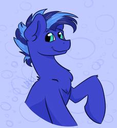 Size: 1601x1754 | Tagged: safe, artist:cadetredshirt, oc, oc only, earth pony, pony, blue, blue background, blue coat, blue eyes, bust, chest fluff, circle, digital, digital art, drawing, ear fluff, fluffy, icon, looking at camera, looking at you, male, raised hoof, simple background, smiling, smiling at you, solo, square, stallion, striped mane, two toned mane