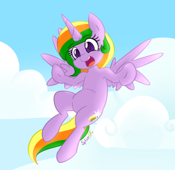 Size: 2201x2127 | Tagged: safe, artist:spheedc, oc, oc only, oc:crystal magic, alicorn, pony, alicorn oc, arms wide open, cloud, digital art, female, flying, high res, horn, mare, sky, smiling, solo, wings