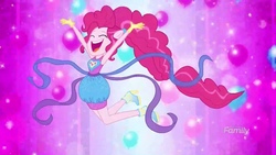 Size: 2048x1152 | Tagged: safe, screencap, pinkie pie, cheer you on, equestria girls, g4, my little pony equestria girls: better together, armpits, arms in the air, balloon, boots, clothes, discovery family logo, eyes closed, female, open mouth, open smile, ponied up, shoes, skirt, sleeveless, smiling, solo, super ponied up