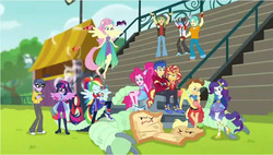 Size: 1032x585 | Tagged: safe, screencap, applejack, brawly beats, flash sentry, fluttershy, jvj-24601, micro chips, pinkie pie, rainbow dash, rarity, ringo, sandalwood, sci-twi, sunset shimmer, twilight sparkle, bird, human, robot, cheer you on, equestria girls, g4, my little pony equestria girls: better together, female, humane five, humane seven, humane six, male, ponied up, shipping fuel, sleeveless, super ponied up, toaster robot