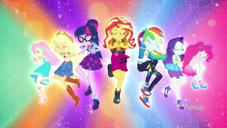 Size: 1920x1080 | Tagged: safe, screencap, applejack, fluttershy, pinkie pie, rainbow dash, rarity, sci-twi, sunset shimmer, twilight sparkle, cheer you on, equestria girls, equestria girls series, g4, spoiler:eqg series (season 2), applejack's hat, boots, bowtie, clothes, converse, cowboy boots, cowboy hat, discovery family logo, eyes closed, geode of empathy, geode of fauna, geode of shielding, geode of sugar bombs, geode of super speed, geode of super strength, geode of telekinesis, glasses, hairpin, hat, high heels, hoodie, humane five, humane seven, humane six, jacket, jewelry, magical geodes, necklace, outfit, ponytail, rainbow, rarity peplum dress, shoes, smiling, sports, tank top, transformation, vest