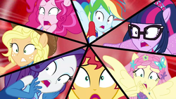 Size: 1920x1080 | Tagged: safe, screencap, applejack, fluttershy, pinkie pie, rainbow dash, rarity, sci-twi, sunset shimmer, twilight sparkle, human, cheer you on, equestria girls, g4, my little pony equestria girls: better together, female, humane five, humane seven, humane six, le gasp, ponied up, shocked, shrunken pupils, sleeveless, super ponied up