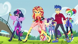 Size: 2048x1152 | Tagged: safe, screencap, flash sentry, fluttershy, rainbow dash, rarity, sci-twi, sunset shimmer, twilight sparkle, cheer you on, equestria girls, equestria girls series, g4, spoiler:eqg series (season 2), converse, ponied up, shoes, sleeveless, super ponied up