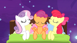 Size: 1920x1080 | Tagged: safe, screencap, apple bloom, scootaloo, sweetie belle, earth pony, pegasus, pony, unicorn, g4, growing up is hard to do, bed, cutie mark crusaders, female, mare, older, older apple bloom, older cmc, older scootaloo, older sweetie belle