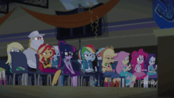 Size: 800x450 | Tagged: safe, screencap, applejack, bulk biceps, derpy hooves, fluttershy, jvj-24601, micro chips, pinkie pie, rainbow dash, rarity, roseluck, sci-twi, snips, sunset shimmer, trixie, twilight sparkle, robot, cheer you on, equestria girls, g4, my little pony equestria girls: better together, animated, auditorium, canterlot high, chair, directed by michael bay, explosion, geode of empathy, geode of super strength, geode of telekinesis, gif, gymnasium, humane five, humane seven, humane six, looking at each other, magical geodes, running, scared, screaming, smiling