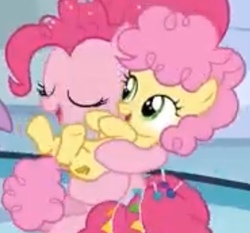 Size: 637x594 | Tagged: safe, screencap, li'l cheese, pinkie pie, earth pony, pony, g4, the last problem, spoiler:leak, all is well, colt, cropped, cute, dangerously cute, duo, eyes closed, female, foal, low quality, male, mare, mother, mother and child, mother and son, older, poofy mane, poor quality, son