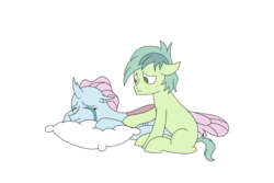 Size: 3000x2000 | Tagged: safe, anonymous artist, derpibooru exclusive, ocellus, sandbar, changedling, changeling, earth pony, pony, g4, comforting, crying, female, high res, male, missing cutie mark, pillow, sad, ship:ocelbar, shipping, simple background, straight, white background