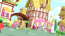 Size: 1920x1080 | Tagged: safe, screencap, bon bon, cherry berry, cherry cola, cherry fizzy, lyra heartstrings, sweetie drops, living apple, g4, the big mac question, apple, food, ponies standing next to each other, ponyville