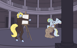 Size: 3000x1900 | Tagged: safe, artist:phenya, oc, oc only, oc:art's desire, oc:lily sky, hippogriff, unicorn, anthro, unguligrade anthro, chair, clothes, drawing, easel, nude model, suit, tuxedo