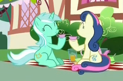 Size: 336x222 | Tagged: safe, screencap, bon bon, lyra heartstrings, sweetie drops, earth pony, pony, unicorn, g4, she talks to angel, background pony, cropped, cup, duo, eyes closed, female, hoof hold, juice, lesbian, mare, picnic, picture for breezies, ship:lyrabon, shipping, smiling, teacup