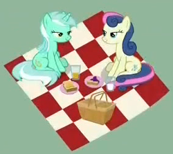 Size: 282x250 | Tagged: safe, screencap, bon bon, lyra heartstrings, sweetie drops, earth pony, pony, g4, she talks to angel, basket, blanket, cropped, drinking glass, overhead view, picnic, picnic basket, picture for breezies, plate