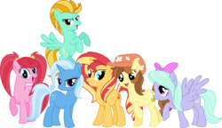 Size: 3220x1849 | Tagged: safe, artist:negaboss2000, flitter, lightning dust, pacific glow, sunset shimmer, trixie, oc, oc:pear blossom, earth pony, pegasus, pony, unicorn, g4, alternate mane six, alternate universe, earth pony oc, female, mare, simple background, transparent background