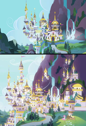 Size: 632x932 | Tagged: safe, screencap, nightly wisp, soap bubbles, yonder, classical hippogriff, hippogriff, pony, unicorn, yak, g4, the last problem, architecture, canterlot, comparison, female, future canterlot, mare, waterfall