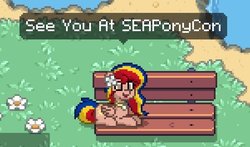 Size: 602x354 | Tagged: safe, artist:jhayarr23, oc, oc only, oc:pearl shine, pony, pony town, project seaponycon, anyway come to seaponycon, anyway come to trotcon, bench, sitting, solo