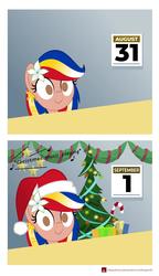 Size: 1491x2589 | Tagged: safe, artist:jhayarr23, oc, oc only, oc:pearl shine, pony, calendar, christmas, christmas tree, descriptive noise, exploitable meme, female, flower, flower in hair, hat, holiday, looking at you, mare, meme, music notes, no catchlights, no pupils, philippines, santa hat, september, smiling, solo, spilled milk, tree, wide eyes