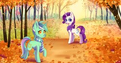 Size: 2304x1200 | Tagged: safe, artist:blazemizu, lyra heartstrings, rarity, pony, unicorn, g4, autumn, clothes, colored pupils, duo, female, leaves, mare, scarf, tree