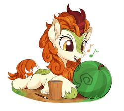Size: 2000x1785 | Tagged: safe, artist:draconidsmxz, autumn blaze, kirin, g4, sounds of silence, awwtumn blaze, cute, female, food, happy, mouth hold, painting, simple background, solo, watermelon, white background