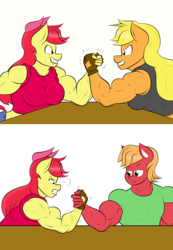 Size: 2024x2928 | Tagged: safe, artist:matchstickman, apple bloom, applejack, big macintosh, earth pony, anthro, matchstickman's apple brawn series, tumblr:where the apple blossoms, g4, apple bloom's bow, apple brawn, apple siblings, applejacked, arm wrestling, biceps, bow, breasts, busty apple bloom, busty applejack, clothes, deltoids, female, fingerless gloves, gloves, great macintosh, grin, hair bow, high res, male, mare, muscles, older, older apple bloom, pecs, shirt, simple background, smiling, snorting, stallion, triceps, trio, white background