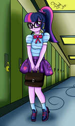 Size: 892x1500 | Tagged: safe, artist:bandijones, sci-twi, twilight sparkle, equestria girls, equestria girls series, g4, briefcase, clothes, cute, female, geode of telekinesis, glasses, lockers, looking at you, magical geodes, ponytail, shoes, shy, skirt, twiabetes