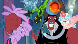 Size: 1920x1080 | Tagged: safe, screencap, cozy glow, lord tirek, queen chrysalis, twilight sparkle, alicorn, centaur, changeling, pony, g4, the ending of the end, alicornified, bow, cozycorn, crazy glow, crazycorn, evil grin, grin, grogar's bell, insanity, race swap, slasher smile, smiling, tail bow, twilight sparkle (alicorn), ultimate chrysalis