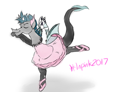 Size: 800x600 | Tagged: safe, artist:slushnstuff, oc, oc only, oc:tomi, changeling, draconequus, hybrid, arabesque, arms out, ballerina, ballet, ballet slippers, clothes, crossdressing, dancing, eyes closed, femboy, interspecies offspring, male, offspring, parent:discord, parent:queen chrysalis, parents:discolis, smiling, solo, standing on one leg, tutu