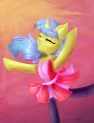 Size: 936x1220 | Tagged: safe, artist:twillybrownie, pony, unicorn, ballerina, ballet, clothes, eyes closed, long hair, one arm out, one arm up, smiling, standing on one leg, tights, tutu