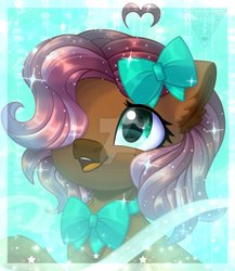 Size: 832x960 | Tagged: safe, artist:auroracursed, oc, oc only, earth pony, pony, bow, cute, deviantart watermark, female, hair bow, hair over one eye, icon, obtrusive watermark, ocbetes, smiling, solo, watermark