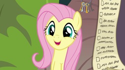 Size: 1920x1080 | Tagged: safe, screencap, fluttershy, pony, g4, she talks to angel, checklist, female, mare, smiling, solo