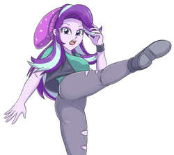 Size: 2500x2235 | Tagged: safe, artist:sumin6301, starlight glimmer, equestria girls, equestria girls specials, g4, my little pony equestria girls: mirror magic, ass, beanie, butt, clothes, female, glimmer glutes, hat, high res, kick, kicking, martial arts, simple background, solo, vest, white background