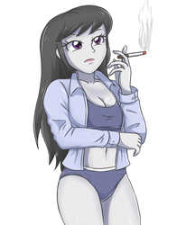 Size: 1968x2283 | Tagged: safe, artist:sumin6301, octavia melody, equestria girls, g4, belly button, breasts, busty octavia melody, cigarette, cleavage, clothes, female, legs together, open clothes, open shirt, simple background, smoking, solo, white background