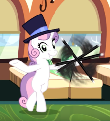 Size: 601x664 | Tagged: safe, screencap, sweetie belle, pony, unicorn, g4, growing up is hard to do, being big is all it takes, bipedal, cane, cropped, cute, dexterous hooves, diasweetes, female, hat, mare, older, older sweetie belle, smiling, solo, top hat, twirling, underhoof