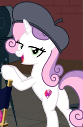 Size: 434x667 | Tagged: safe, screencap, sweetie belle, pony, unicorn, g4, growing up is hard to do, animation error, being big is all it takes, butt, cropped, cutie mark, female, film projector, hat, lidded eyes, looking at you, looking back, looking back at you, mare, older, older sweetie belle, open mouth, out of context, plot, smiling, solo, stupid sexy sweetie belle, the cmc's cutie marks