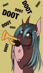 Size: 1600x2678 | Tagged: safe, artist:rxsiex3, oc, oc only, changedling, changeling, pony, unicorn, doot, musical instrument, pale belly, solo, trumpet