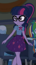 Size: 350x630 | Tagged: safe, screencap, rainbow dash, sci-twi, trixie, twilight sparkle, cheer you on, equestria girls, equestria girls series, g4, spoiler:eqg series (season 2), clothes, cropped, cute, female, geode of telekinesis, glasses, legs, magical geodes, offscreen character, ponytail, skirt, smiling