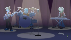 Size: 1280x720 | Tagged: safe, screencap, brawly beats, ringo, sandalwood, cheer you on, equestria girls, g4, my little pony equestria girls: better together, clothes, drums, guitar, male, microphone, musical instrument, pants, shoes, trio