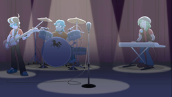 Size: 1918x1078 | Tagged: safe, screencap, brawly beats, ringo, sandalwood, cheer you on, equestria girls, g4, my little pony equestria girls: better together, cymbals, drum kit, drums, flash drive (band), guitar, hat, keyboard, male, microphone, microphone stand, musical instrument
