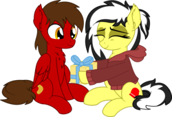 Size: 5461x3740 | Tagged: safe, artist:cyanlightning, oc, oc only, oc:chip, oc:uppercute, earth pony, pegasus, pony, duo, eyes closed, female, folded wings, holding a present, male, mare, present, simple background, stallion, transparent background, vector, wings