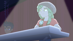 Size: 1916x1080 | Tagged: safe, screencap, flash sentry, sandalwood, cheer you on, equestria girls, equestria girls series, g4, spoiler:eqg series (season 2), flash drive (band), hat, keyboard, male, musical instrument, stage light, synthesizer