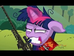 Size: 480x360 | Tagged: safe, edit, edited screencap, screencap, twilight sparkle, pony, unicorn, g4, lesson zero, chips, derp, doritos, female, food, glowing horn, gritted teeth, gun, horn, insanity, link in source, mare, messy mane, rifle, sniper rifle, solo, twilight snapple, unicorn twilight, wat, weapon, youtube link, youtube poop