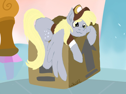 Size: 2000x1500 | Tagged: safe, artist:lowname, derpy hooves, pegasus, pony, g4, cardboard box, clothes, female, hat, mare, outdoors, signature, solo, tree