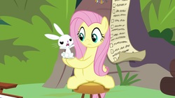 Size: 1920x1080 | Tagged: safe, screencap, angel bunny, fluttershy, pony, rabbit, g4, she talks to angel, angry, animal, checklist, duo, female, male, mare, stool