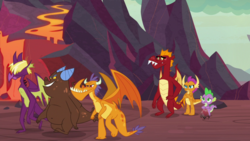 Size: 1920x1080 | Tagged: safe, screencap, billy, clump, garble, smolder, spike, dragon, g4, sweet and smoky, dragon lands, dragoness, female, lava, male, teenaged dragon