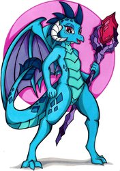 Size: 720x1024 | Tagged: safe, artist:canvymamamoo, princess ember, dragon, g4, bloodstone scepter, circle background, dragon lord ember, dragoness, female, holding, looking at you, open mouth, smiling, solo