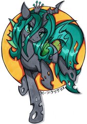 Size: 721x1024 | Tagged: safe, artist:canvymamamoo, queen chrysalis, changeling, changeling queen, g4, circle background, crown, fangs, female, jewelry, lidded eyes, raised hoof, regalia, slit pupils, solo