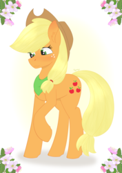Size: 2480x3508 | Tagged: safe, artist:dyonys, derpibooru exclusive, applejack, earth pony, pony, g4, apple blossom, applejack's hat, blushing, clothes, cowboy hat, cutie mark, ear fluff, female, flower, freckles, hat, high res, looking down, mare, raised hoof, scarf, simple background, standing