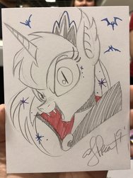 Size: 1536x2048 | Tagged: safe, artist:andypriceart, princess luna, alicorn, bat, bat pony, bat pony alicorn, pony, vampire, g4, ear fluff, fangs, female, looking at you, pencil drawing, slit pupils, solo, traditional art, vampirism