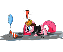 Size: 2600x2160 | Tagged: safe, artist:chaosmalefic, pinkie pie, pony, g4, alternate hairstyle, balloon, exclamation point, female, goggles, high res, pinkie spy, solo, spy