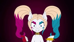 Size: 1280x720 | Tagged: artist needed, safe, earth pony, pony, batman, bracelet, choker, clown makeup, evil, harley quinn, jewelry, looking at you, makeup, pigtails, ponified, spiked wristband, suicide squad, wristband
