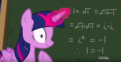 Size: 849x437 | Tagged: safe, edit, edited screencap, screencap, twilight sparkle, alicorn, pony, g4, chalkboard, crazed, discovery family logo, fallacy, fancy mathematics, glowing horn, horn, math, mathematical fallacy, mathematics in the comments, meme, paradox, twilight snapple, twilight sparkle (alicorn)